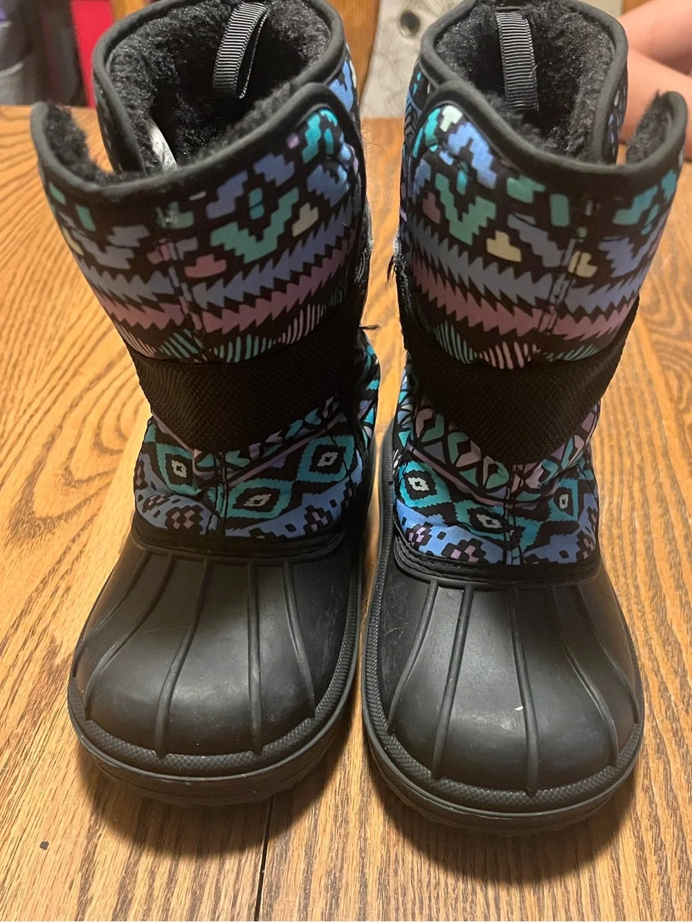 Place Black Kids Snow Boots with Pastel Teal and Lavender Aztec Print